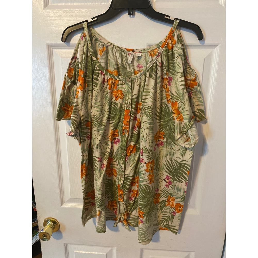 Cato Tropical Floral Cold Shoulder Tie Front Blouse GreenOrange Plus Size 22/24W